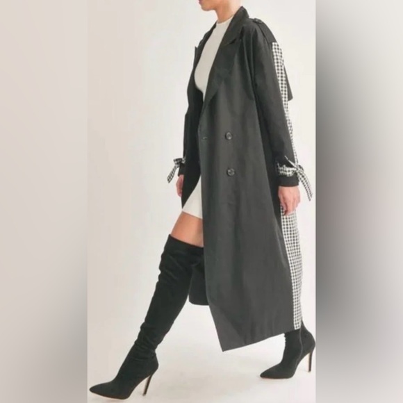 klesis Elegant Black Trench Coat with Gingham Accents M/L - Picture 2 of 7